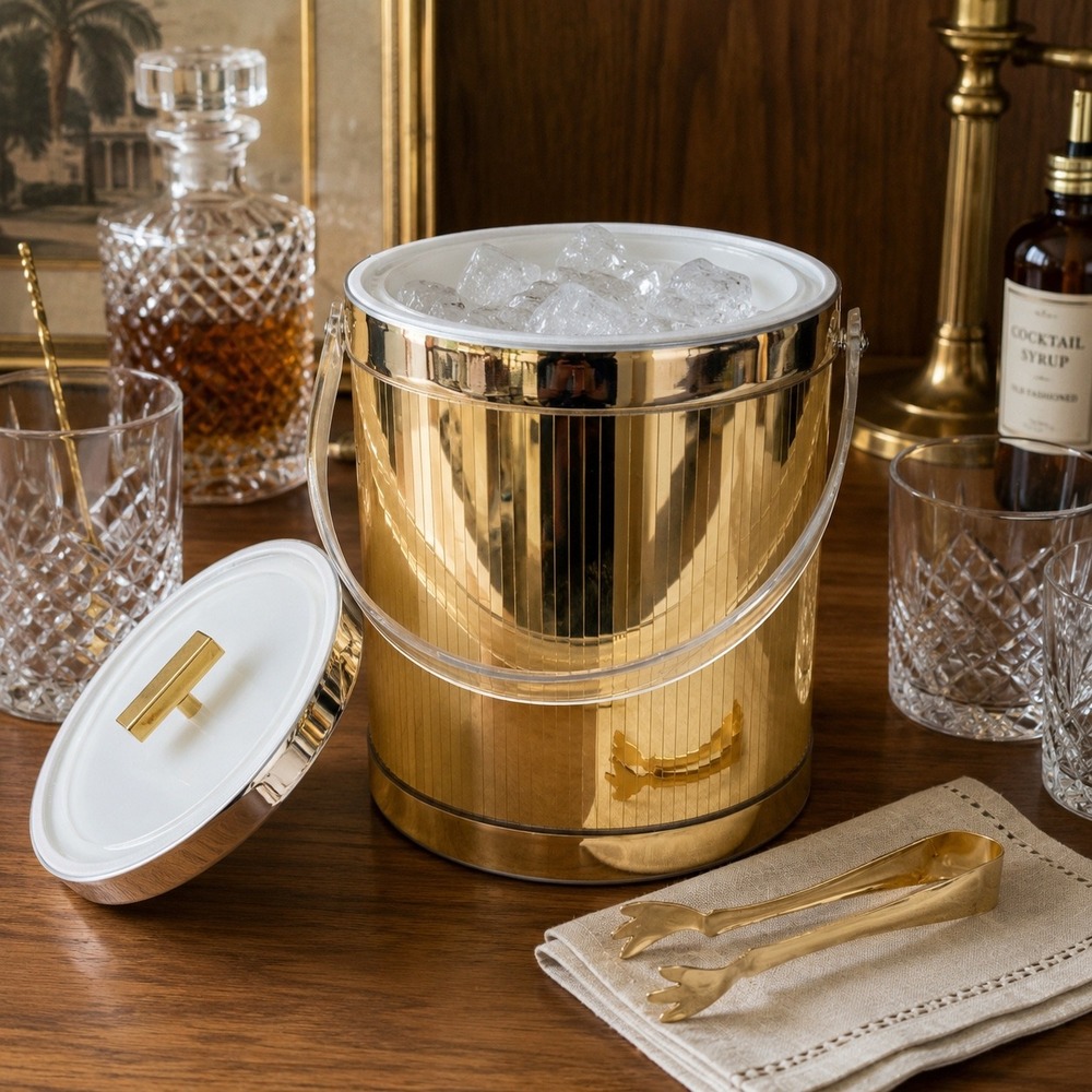 Vintage Georges Briard Ice Bucket Gold Barware with Tongs Mid Century Bar Decor